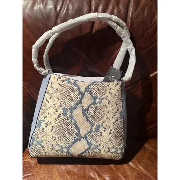 NWT Kate Spade Leila Snake Blue & Tan Medium Triple Pocket Shoulder Bag New - Picture 2 of 8